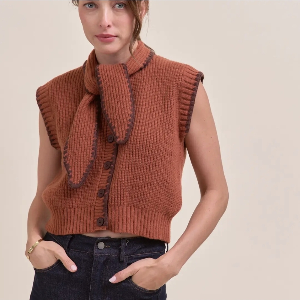 Women's Brown Tie-Neck Sleeveless Sweater Vest with Scarf Detail Sz S, M, L